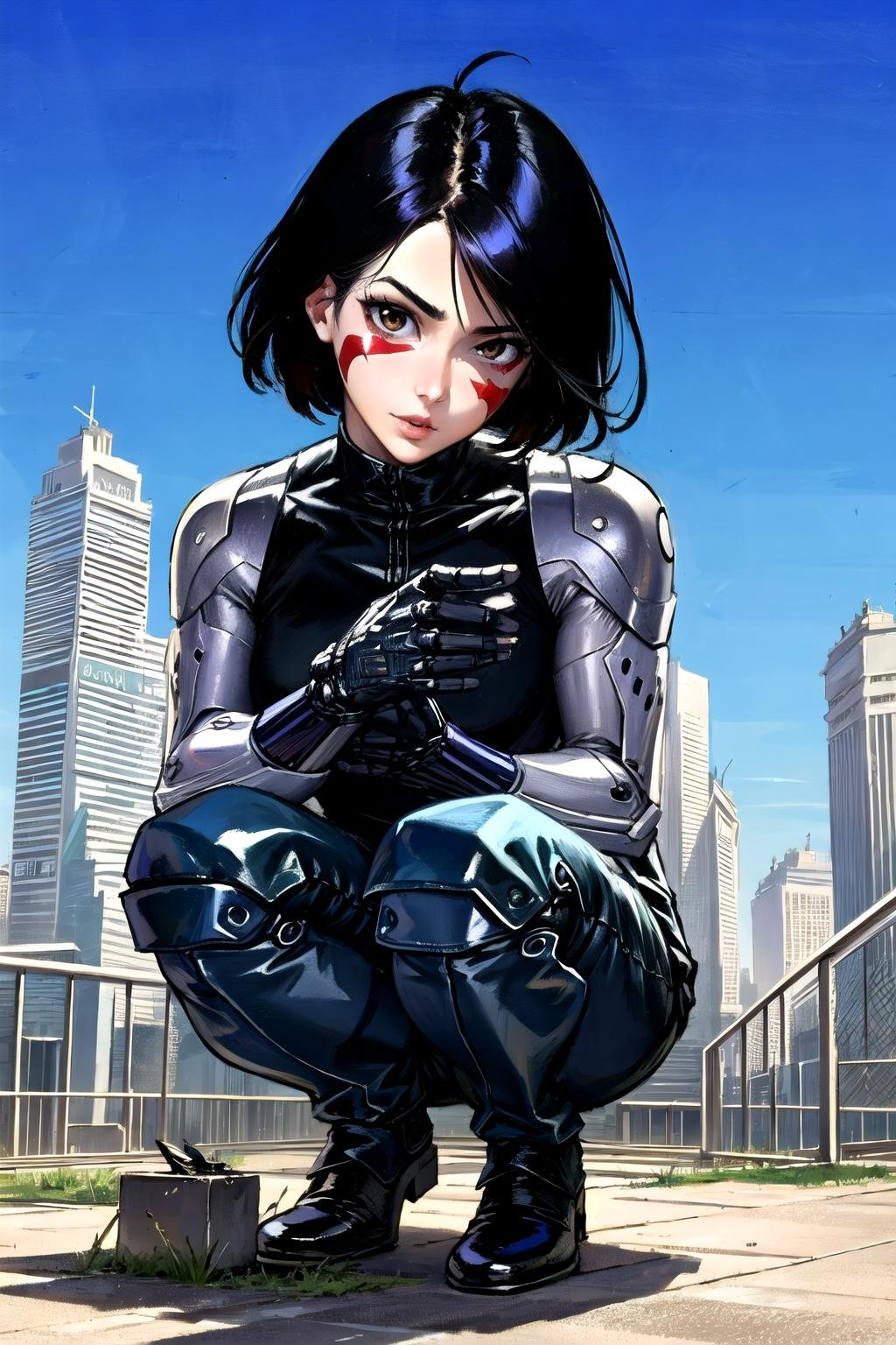 <lora:Gally-08:0.8>, short hair, black hair, brown eyes, leotard, black gloves, facial mark, (mechanical arms), cyberpunk, red facepaint, android, gally, 1girl, masterpice, high quality, best quality, good body, good hands and fingers, official art, (perfect face and eyes), (perfect hands), (nice face), (nice hands), (solo), ((city)), people, science fiction, squatting, looking at viewer, 