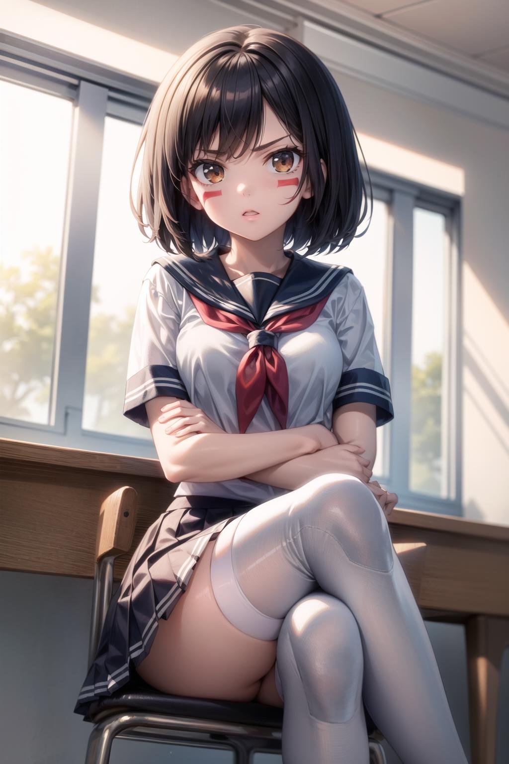 1girl, (masterpiece:1.3), high resolution), (8K), (extremely detailed), (4k), (pixiv), perfect face, nice eyes and face, (best quality), (super detailed), detailed face and eyes, (solo), textured skin, absurdres, highres, <lora:more_details:0.3>, gallywz, <lora:Gally:0.7>, red facepaint ,brown eyes, black hair, short hair,  clasroom, serafuku, school uniform, sitting, short sleeves, crossed legs, white thighhighs, serious, 