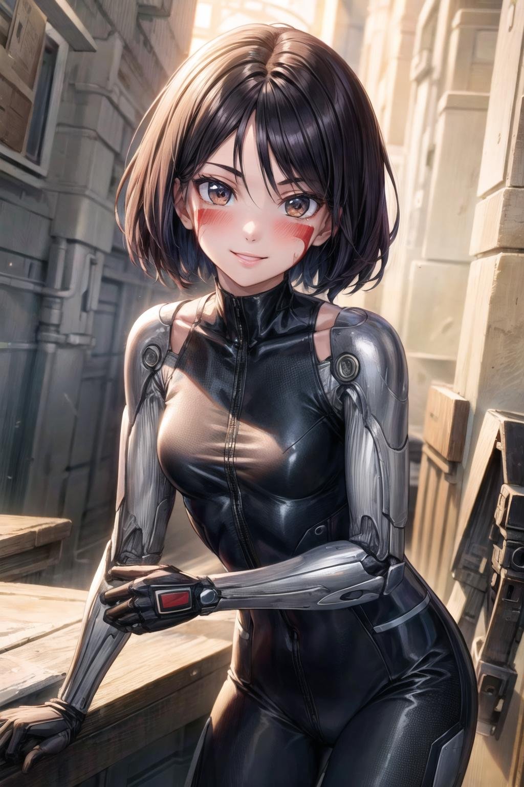 1girl, (masterpiece:1.3), high resolution), (8K), (extremely detailed), (4k), (pixiv), perfect face, nice eyes and face, (best quality), (super detailed), detailed face and eyes, (solo), textured skin, absurdres, highres, <lora:more_details:0.5>, gallywz, <lora:Gally:0.7>,  red facepaint, bare shoulders, mechanical arms,(mechanical hands:1.1),  robot, facial mark, (bodysuit), (pants) ,cyberpunk, brown eyes, black hair, short hair, looking at viewer, cowboy shot, standing, room, cute, smile, blush, sitting,  