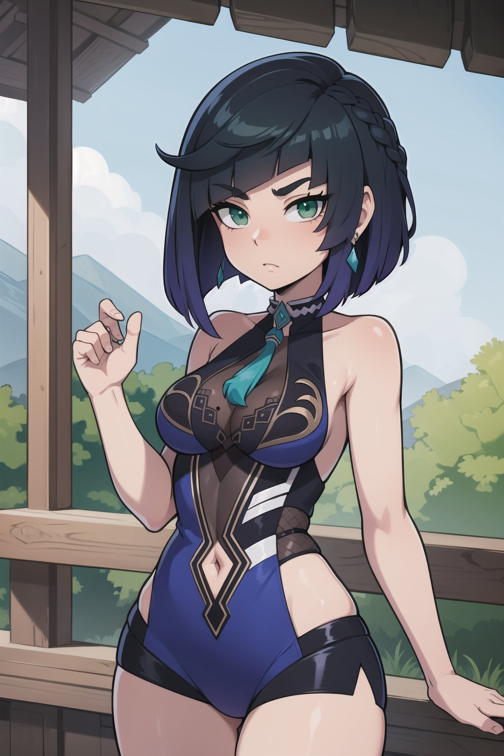 yelan, black hair, blue hair, eyebrows hidden by hair, (green eyes:1.5), multicolored hair, short hair, <lora:yelantest:1>