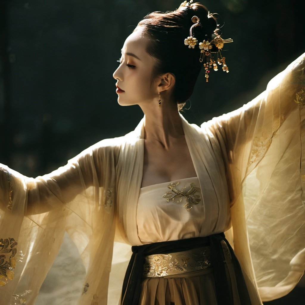 a woman is dancing,hanfu,hair ornament,long sleeves,dress,single hair bun,wide sleeves,<lora:m_06:0.7>,dark,gold,big breasts,black eyes,lips,bouncing breasts,moody lighting,Cinematic Lighting,<lora:shou-xl:0.6>,a graceful dance,amazing light and shadow,wriggling one's body,chinese style palace,full body,