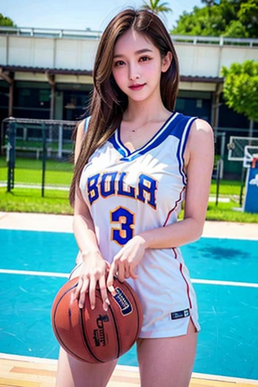 <lora:TWGirlsInBasketballWearMix1:0.7>, Girl_in_basketball_wear, 1 girl, solo, cute, smile, huge breast, firm breast cleavage, (nsfw:1.7), wear basketball uniform, holding basket ball, perfect face, beautiful eye, perfect body proportions, sexy, seductive, erotic, wear underwear 8k, RAW photo, best quality, masterpiece:1.2), (realistic, photo-realistic:1.37) professional lighting, photon mapping, radiosity, physically-based rendering, beautiful eyes, long hair,  looking at the viewer, facing to the viewer(inside basketball court)