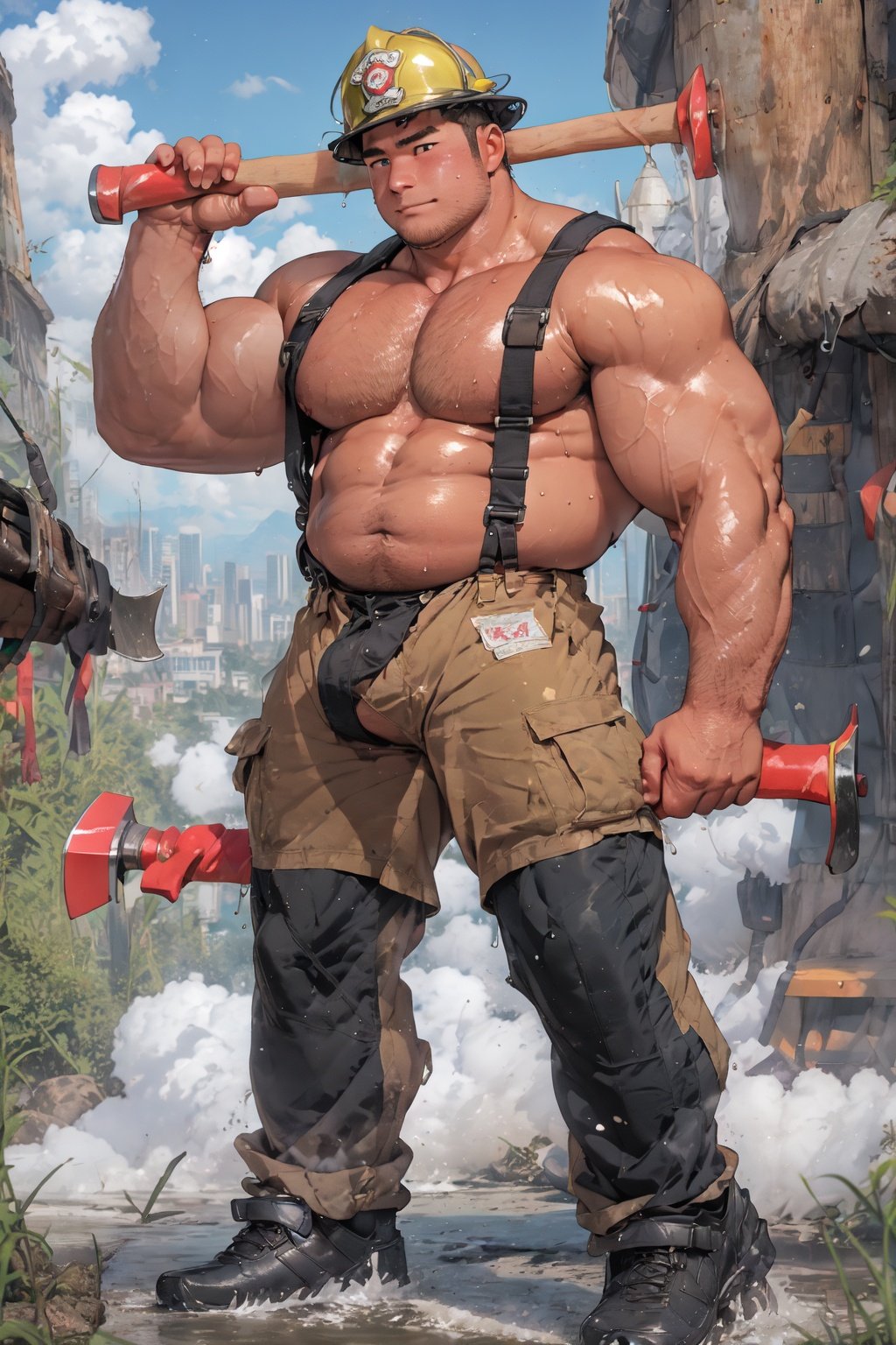 Masterpiece, anime,8k,best quality, minimalist, simple graphics, looking at viewer,A japanese man, cute man, round face, youth,(fat:1.2),300 pounds fat, short-hair suspenders,pants,helmet,jacket,holding axe,bulge,black socks,sweating and steaming,full body, gay, sexy, blushing,city ,fairy tale style,Muscular Male,THICK, ARMS,Bara,Thick arms,thick thighs,niji5,firemenoutfit