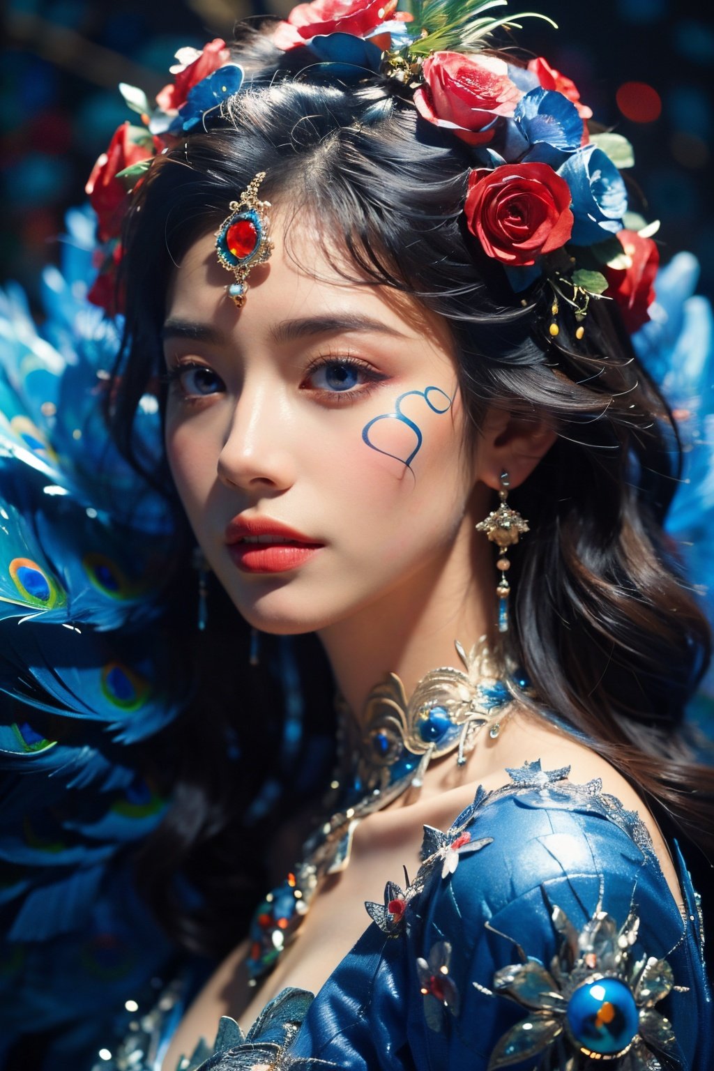 Best Quality, masterpiece, ultra-high resolution, (photo realistic: 1.4) , Surrealism, Fantastical verisimilitude, beautiful blue-skinned goddess Phoenix Peacock on her head, fantastical creation, thriller color scheme, surrealism, abstract, psychedelic, 1 girl,flower,castle