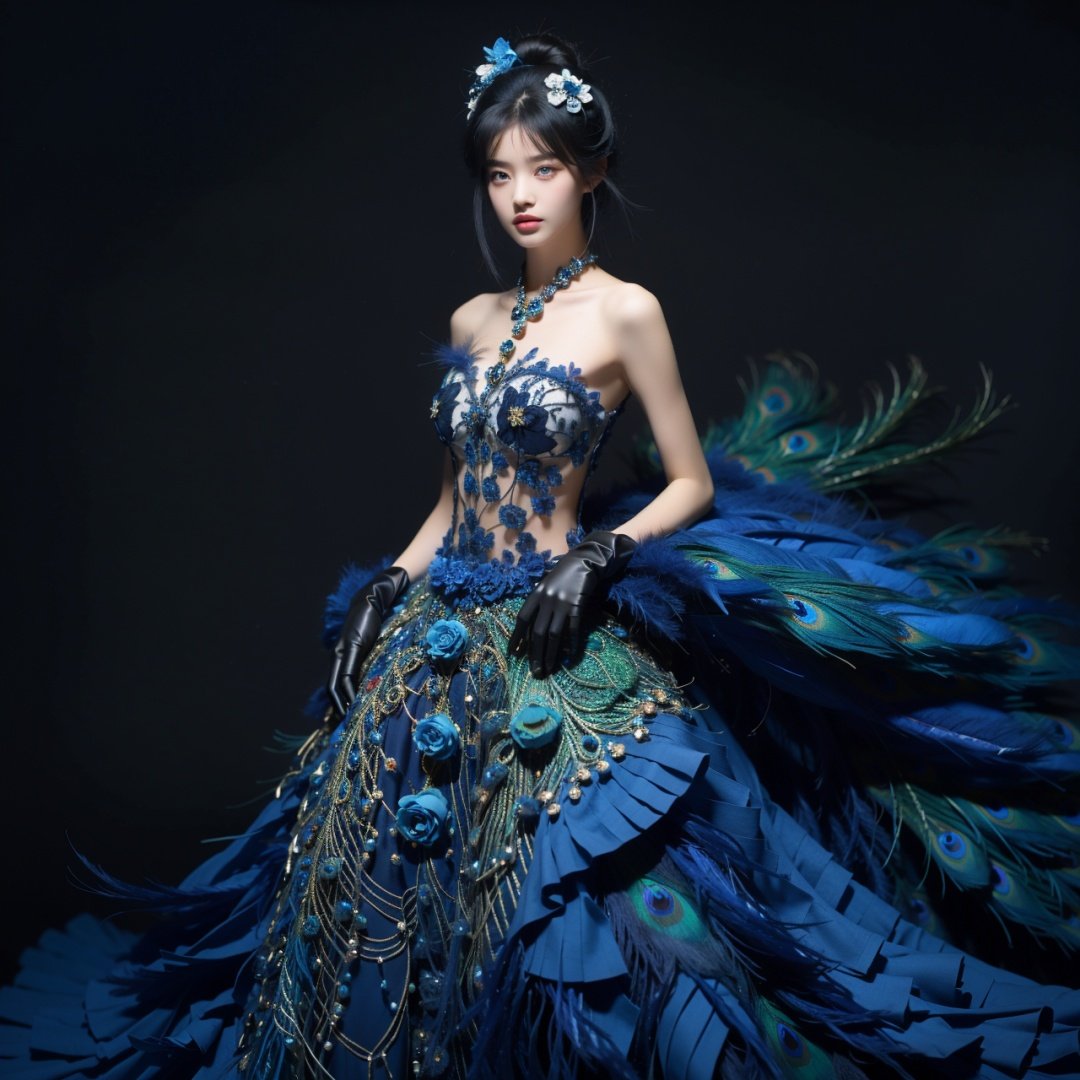 Peacock, 1 girl, solo, dress, gloves, feather dress, look at the audience, hair accessories, elbow gloves, Blue Eyes, cowboy shoot, standing, Hair Bun, bare shoulders, dress, hair bun, black gloves, flowers, Bangs, gray hair, shut up, black background, simple background,1 girl,yuzu