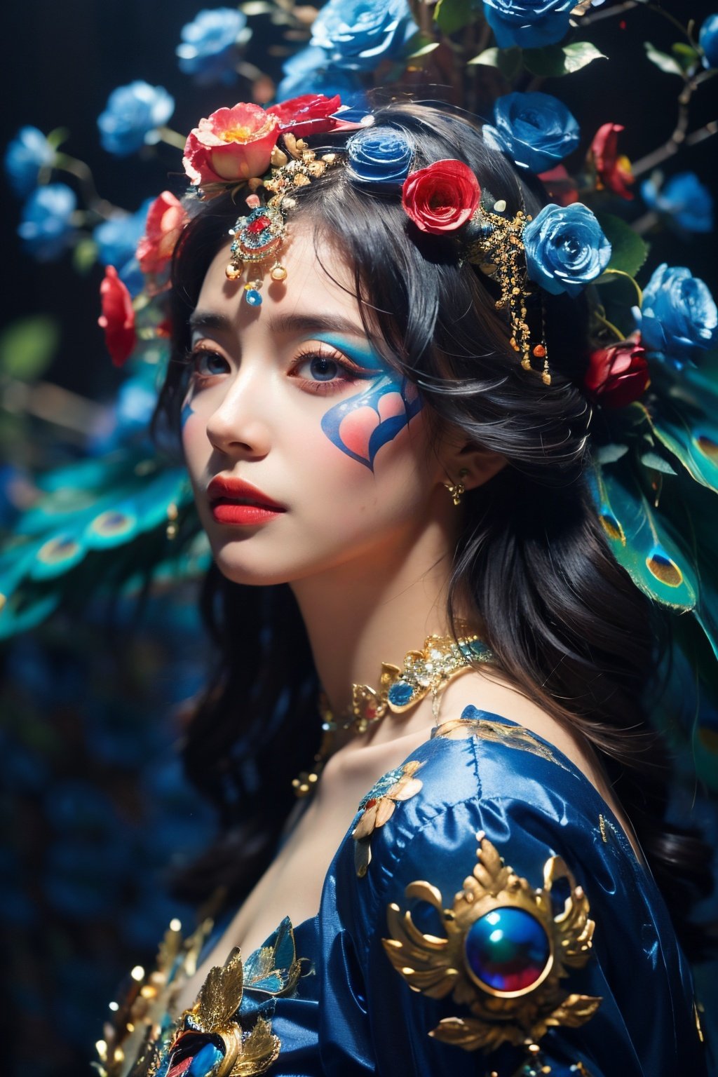 Best Quality, masterpiece, ultra-high resolution, (photo realistic: 1.4) , Surrealism, Fantastical verisimilitude, beautiful blue-skinned goddess Phoenix Peacock on her head, fantastical creation, thriller color scheme, surrealism, abstract, psychedelic, 1 girl,flower,castle