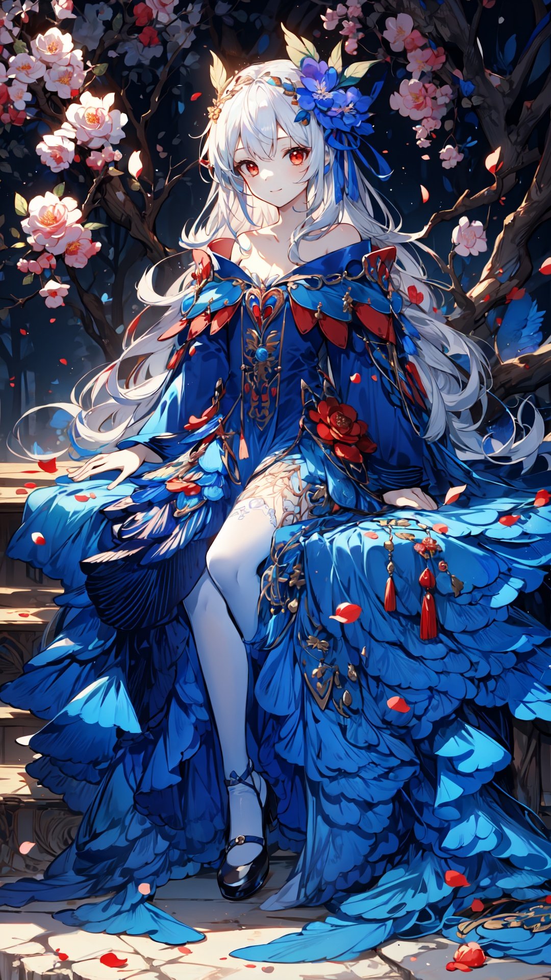 masterpiece,1girl,solo,

((on_tree)),white_hair,long_hair,red eyes,white_dress,collarbone,light_smile,school_uniform,white_legwear,loli,small_breasts,off_shoulder,falling_leaf.flower,hair_ornament,on_branch,full_body,(uwabaki),uwabaki, sitting in tree, see-through, see-through,full body,mary janes,  ,2D conceptual design,1 girl