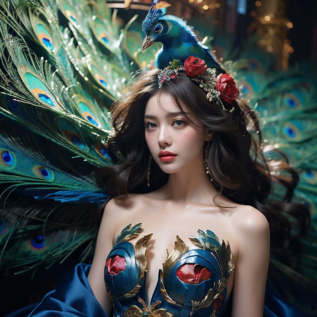 Best Quality, masterpiece, ultra-high resolution, (photo realistic: 1.4) , Surrealism, Fantastical verisimilitude, beautiful blue-skinned goddess Phoenix Peacock on her head, fantastical creation, thriller color scheme, surrealism, abstract, psychedelic, 1 girl,flower,castle