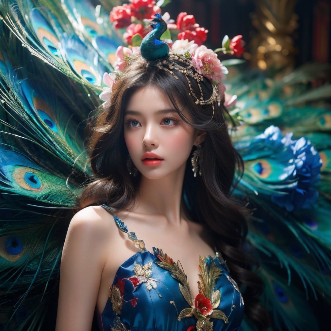 Best Quality, masterpiece, ultra-high resolution, (photo realistic: 1.4) , Surrealism, Fantastical verisimilitude, beautiful blue-skinned goddess Phoenix Peacock on her head, fantastical creation, thriller color scheme, surrealism, abstract, psychedelic, 1 girl,flower,castle