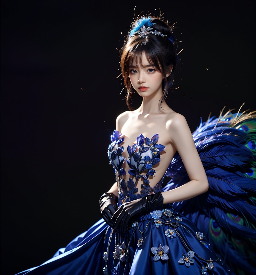 Peacock, 1 girl, solo, dress, gloves, feather dress, look at the audience, hair accessories, elbow gloves, Blue Eyes, cowboy shoot, standing, Hair Bun, bare shoulders, dress, hair bun, black gloves, flowers, Bangs, gray hair, shut up, black background, simple background,1 girl,yuzu