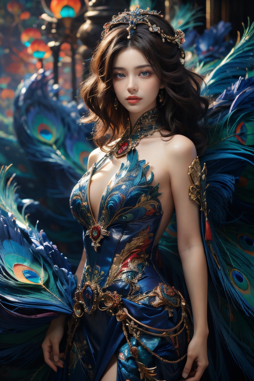 Best Quality, masterpiece, ultra-high resolution, (photo realistic: 1.4) , Surrealism, Fantastical verisimilitude, beautiful blue-skinned goddess Phoenix Peacock on her head, fantastical creation, thriller color scheme, surrealism, abstract, psychedelic, 1 girl,