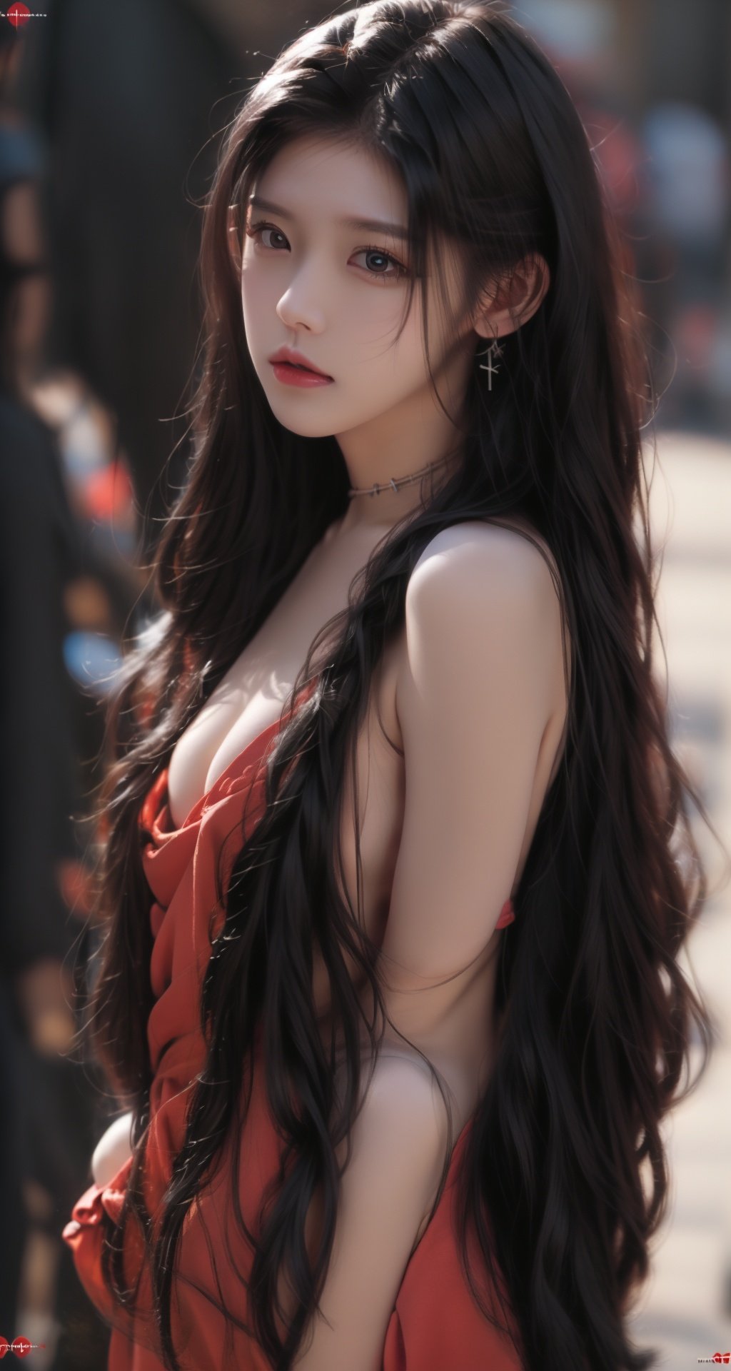 bj_Devil_angel, 1girl, solo, long_hair, breasts, looking_at_viewer, black_hair, cleavage, brown_eyes, jewelry, upper_body, short_sleeves, earrings, parted_lips, horns, choker, necklace, blurry, black_eyes, lips, clothing_cutout, blurry_background, black_choker, cross, red_shirt, shoulder_cutout, cross_necklace, cinematic lighting, side light, sunshine, strong contrast, high level of detail, Best quality, masterpiece, , Xu ruoxuan, Detail, <lora:EMS-46817-EMS:0.800000>, , <lora:EMS-26397-EMS:0.800000>, , <lora:EMS-46657-EMS:0.700000>