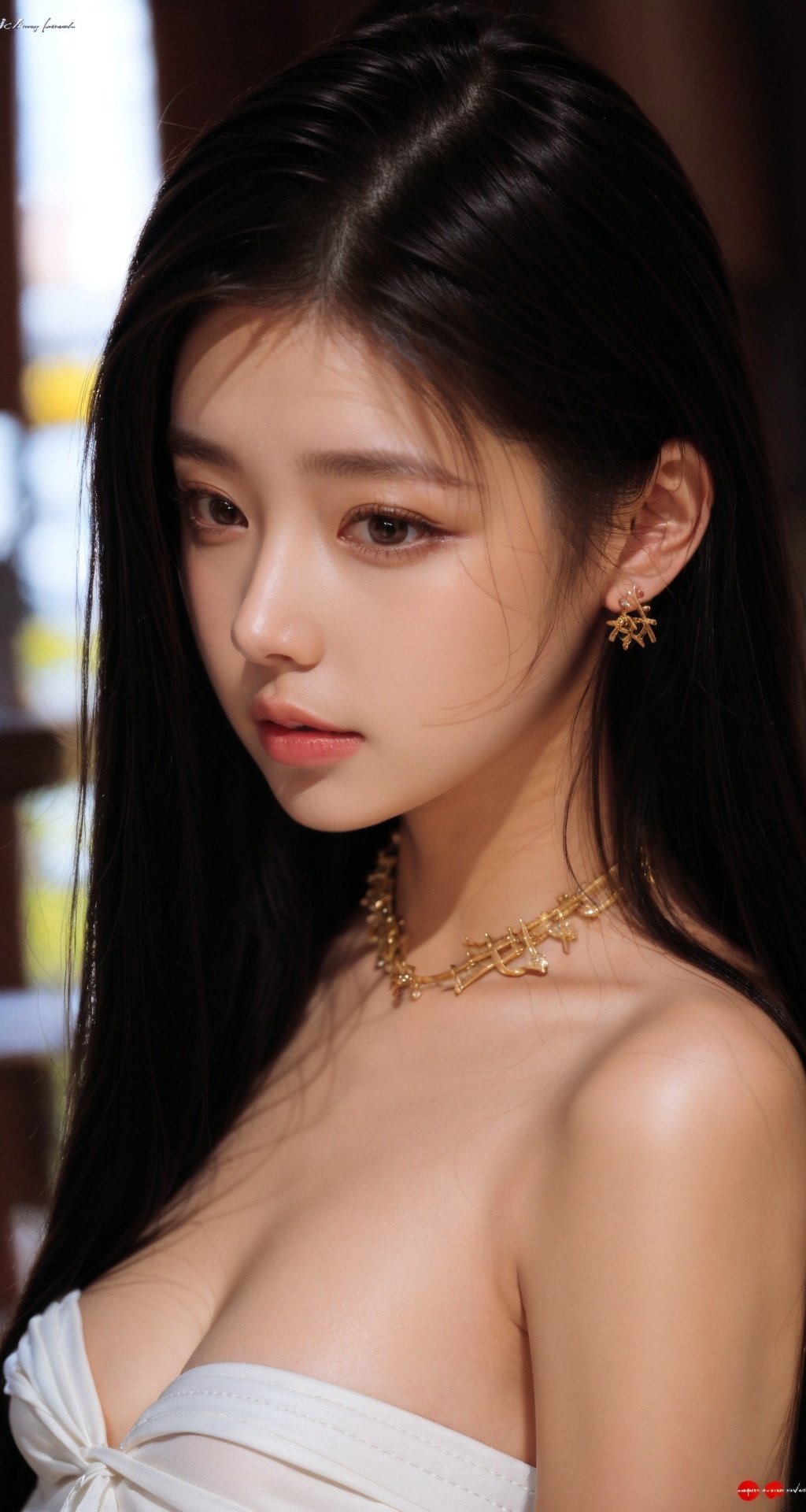 bj_Devil_angel, 1girl, solo, long_hair, breasts, looking_at_viewer, black_hair, cleavage, brown_eyes, jewelry, upper_body, short_sleeves, earrings, parted_lips, horns, choker, necklace, blurry, black_eyes, lips, clothing_cutout, blurry_background, black_choker, cross, red_shirt, shoulder_cutout, cross_necklace, cinematic lighting, side light, sunshine, strong contrast, high level of detail, Best quality, masterpiece, , Xu ruoxuan, Detail, 徐若瑄, Lighting, <lora:EMS-26397-EMS:0.800000>, , <lora:EMS-46817-EMS:0.800000>, , <lora:EMS-14488-EMS:0.800000>