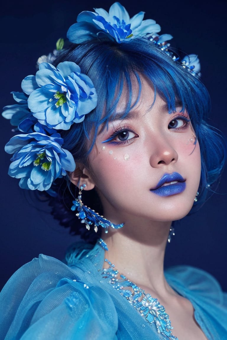 blue theme,  looking at viewer,  portrait,  colorful hair,  jewelry,  close up,  ultra high res,  deep shadow, (best quality,  masterpiece),  dimly lit,  shade, highly detailed,  bold makeup,  flower,  simple background,  depth of field,  film grain,  fashion_girl, <lora:EMS-46818-EMS:0.700000>