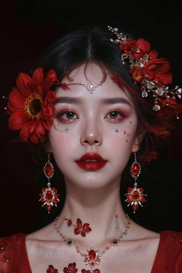 red theme,  looking at viewer,  portrait,  colorful hair,  jewelry,  close up,  ultra high res,  deep shadow, (best quality,  masterpiece),  dimly lit,  shade, highly detailed,  bold makeup,  flower,  simple background,  depth of field,  film grain,  fashion_girl,  accessories, High detailed, <lora:EMS-46818-EMS:0.700000>, , <lora:EMS-34736-EMS:0.300000>