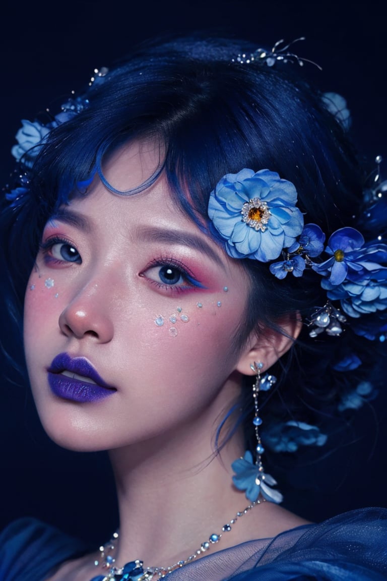blue theme,  looking at viewer,  portrait,  colorful hair,  jewelry,  close up,  ultra high res,  deep shadow, (best quality,  masterpiece),  dimly lit,  shade, highly detailed,  bold makeup,  flower,  simple background,  depth of field,  film grain,  fashion_girl,  accessories, <lora:EMS-46818-EMS:0.700000>