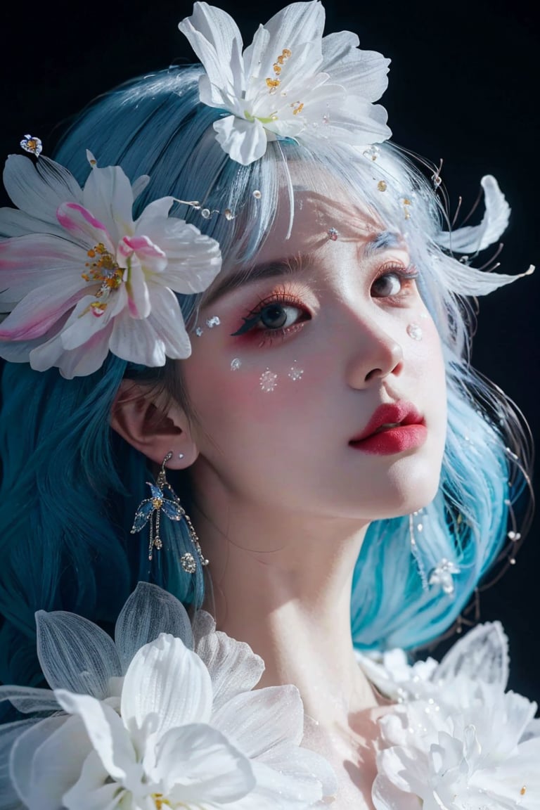 white theme,  snowflakes,  looking at viewer,  portrait,  colorful hair,  jewelry,  close up,  ultra high res,  deep shadow, (best quality,  masterpiece),  dimly lit,  shade, highly detailed,  bold makeup,  flower,  simple background,  depth of field,  film grain,  fashion_girl,  accessories, High detailed, <lora:EMS-46818-EMS:0.700000>
