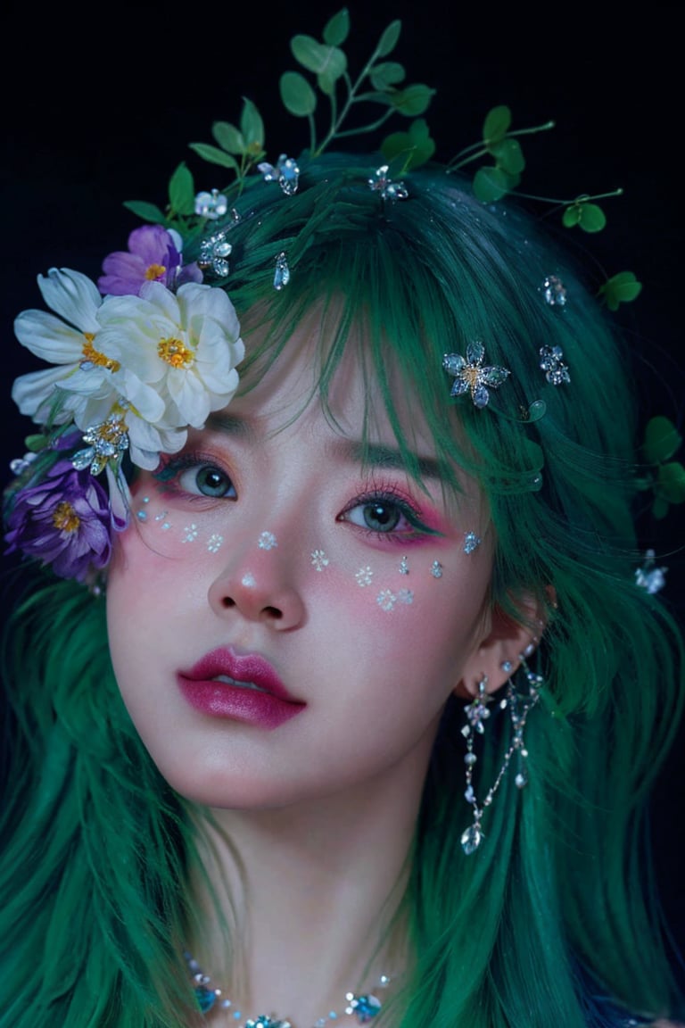 green theme,  snowflakes,  looking at viewer,  portrait,  colorful hair,  jewelry,  close up,  ultra high res,  deep shadow, (best quality,  masterpiece),  dimly lit,  shade, highly detailed,  bold makeup,  flower,  simple background,  depth of field,  film grain,  fashion_girl,  accessories, High detailed, <lora:EMS-46818-EMS:0.800000>