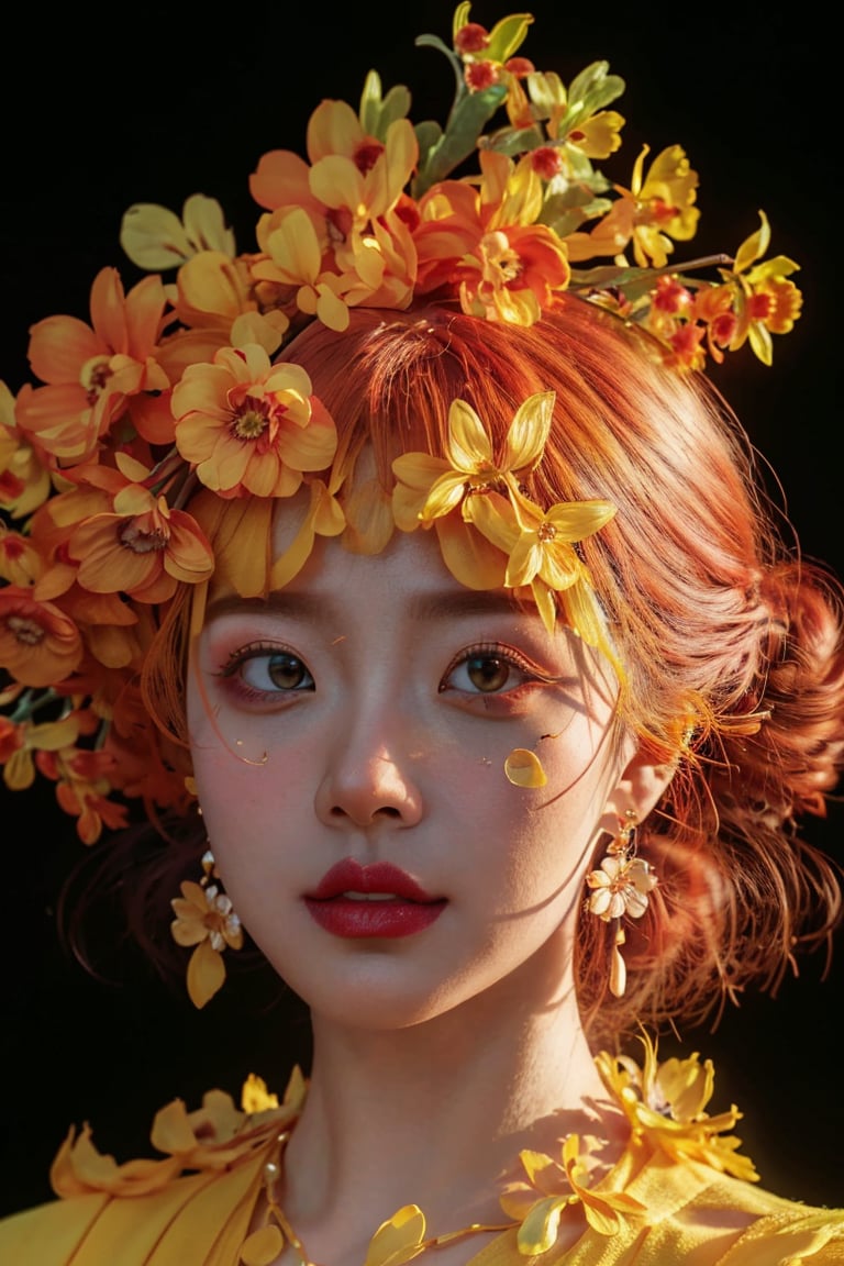 yellow theme,  looking at viewer,  portrait,  colorful hair,  jewelry,  close up,  ultra high res,  deep shadow, (best quality,  masterpiece),  dimly lit,  shade, highly detailed,  bold makeup,  flower,  simple background,  depth of field,  film grain,  fashion_girl,  accessories, High detailed, <lora:EMS-46818-EMS:0.700000>