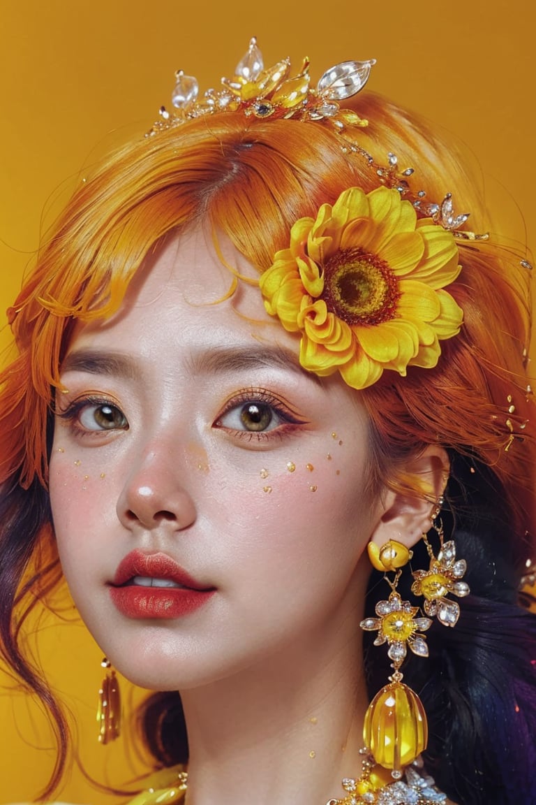 yellow theme,  looking at viewer,  portrait,  colorful hair,  jewelry,  close up,  ultra high res,  deep shadow, (best quality,  masterpiece),  dimly lit,  shade, highly detailed,  bold makeup,  flower,  simple background,  depth of field,  film grain,  fashion_girl,  accessories, High detailed, <lora:EMS-46818-EMS:0.700000>, , <lora:EMS-34736-EMS:0.300000>