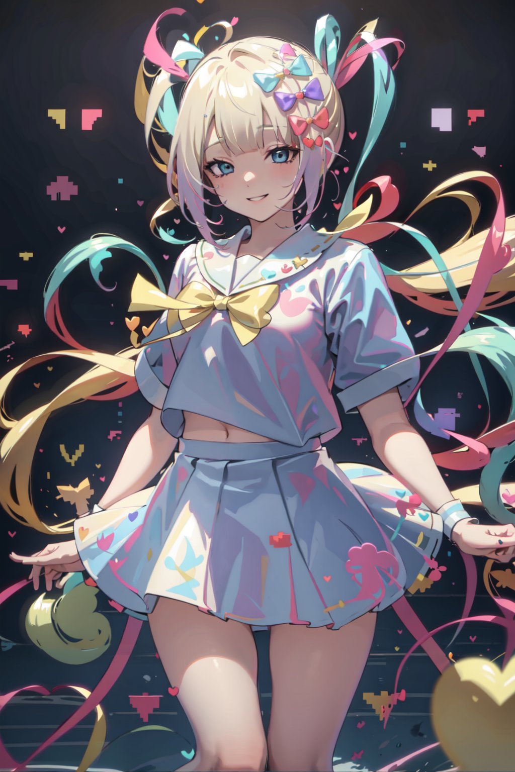 blonde hair, multicolored hair, quad tails, very long hair, white serafuku, blue eyes, yellow ribbon, cowboy shot, multiple hair bows, light smile, short sleeves, short skirt, thighs, camera, seaside, streaming setup, subsurface scattering,(floating hearts:1.4),kangel