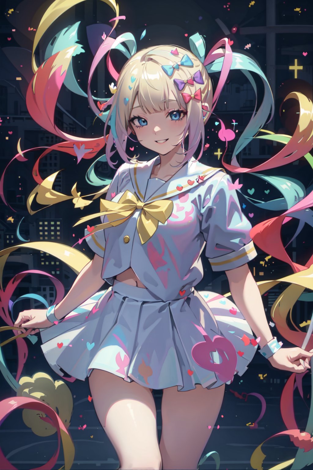 blonde hair, multicolored hair, quad tails, very long hair, white serafuku, blue eyes, yellow ribbon, cowboy shot, multiple hair bows, light smile, short sleeves, short skirt, thighs, camera, city, streaming setup, subsurface scattering,(floating hearts:1.4),kangel,night,neon,clothes glitter