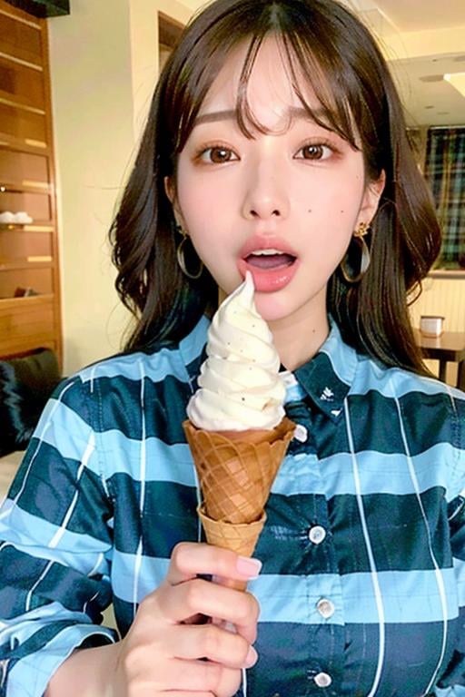 1girl, solo, open mouth, brown hair, shirt, black hair, holding, jewelry, earrings, food, indoors, plaid, eating, holding food, realistic, ice cream, ice cream conehuge breast, nsfw, sexy<lora:JPGirlEatIceCreamMix1:0.8>
