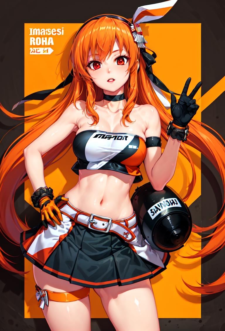 ((masterpiece, best quality)), 1girl, umegiri iroha, orange hair, red eyes, long hair, cannon ballers, skirt, tube top, gloves, race queen, midriff, strapless, belt, hair ribbon, choker <lyco:umegiriIrohaBeatmania:0.7>