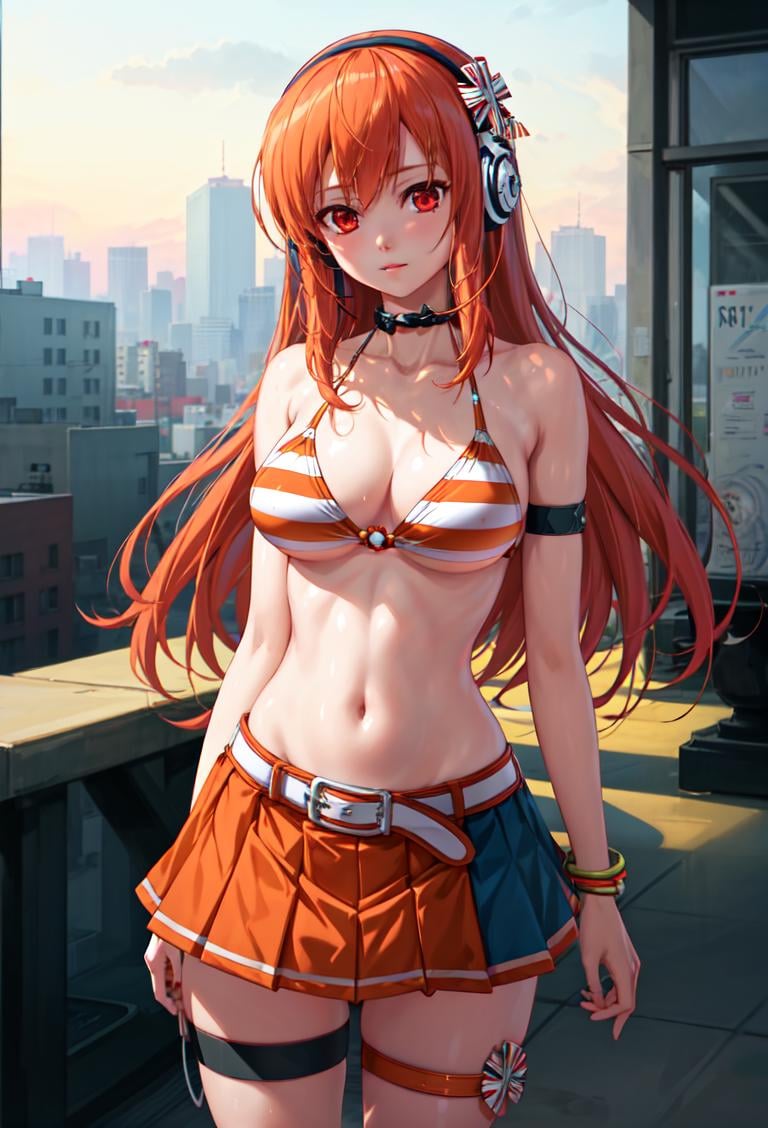 ((masterpiece, best quality)), 1girl, umegiri iroha, orange hair, red eyes, long hair, resort anthem, pleated skirt, orange skirt, jewelry, striped bikini, belt, headphones, thigh strap <lyco:umegiriIrohaBeatmania:0.7>