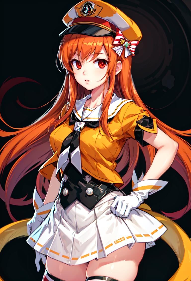 ((masterpiece, best quality)), 1girl, umegiri iroha, orange hair, red eyes, long hair, copula, white gloves, white skirt, yellow skirt, hat, black thighhighs, sailor collar <lyco:umegiriIrohaBeatmania:0.7>