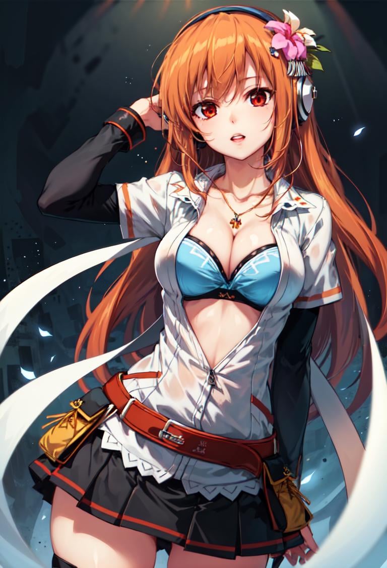 ((masterpiece, best quality)), 1girl, umegiri iroha, orange hair, red eyes, long hair, 9th style, cleavage, open shirt, jewelry, skirt, blue thighhighs, hair ornament, white shirt, headphones, belt, hair flower <lyco:umegiriIrohaBeatmania:0.7>