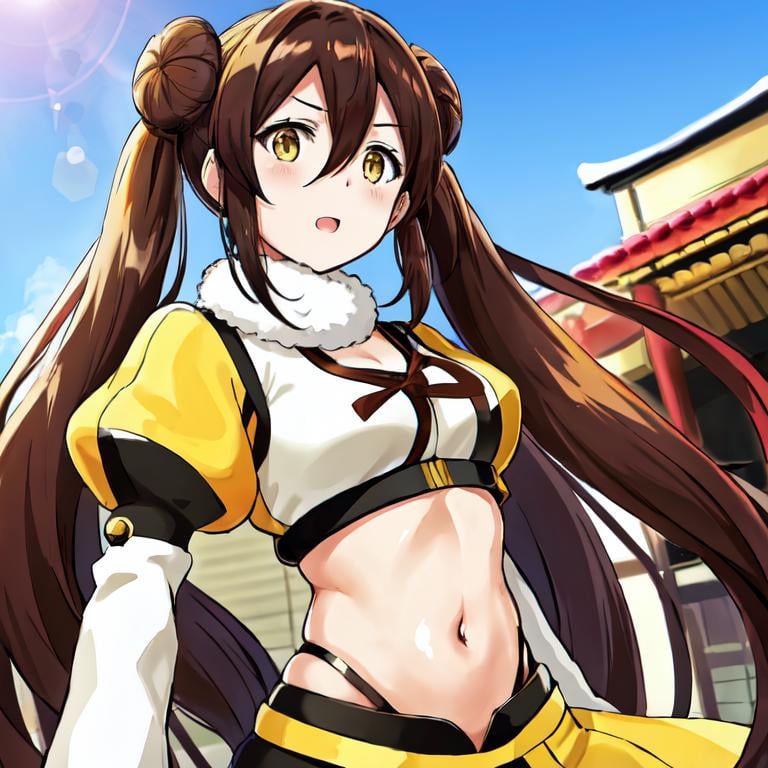 suzumebachi, outdoors, Japanese city, puffy sleeves, midriff, long hair, hair between eyes, twintails, hair bun, brown hair, yellow eyes <lora:suzumebachiLora-10:0.5>