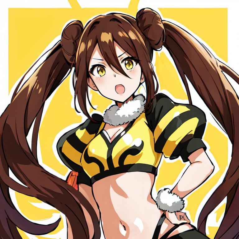 suzumebachi, puffy sleeves, midriff, long hair, hair between eyes, twintails, hair bun, brown hair, yellow eyes <lora:suzumebachiLora-10:0.5>