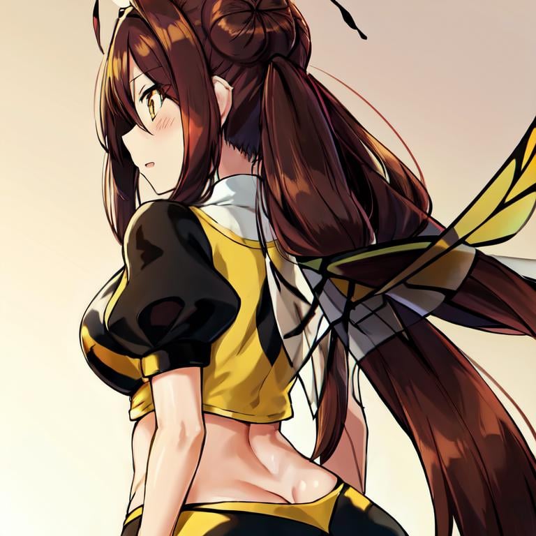 ((insect wings)), from behind, suzumebachi, puffy sleeves, midriff, long hair, hair between eyes, twintails, hair bun, brown hair, yellow eyes <lora:suzumebachiLora-10:0.5>