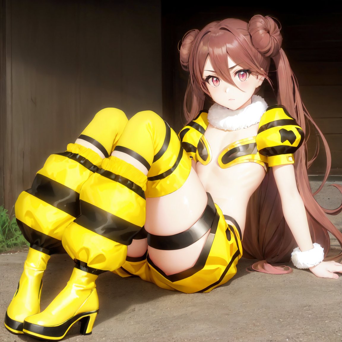 best quality, (yellow clothes), outside, (pink eyes), looking at viewer, 1girl, solo, brown hair, striped, fur collar, fur bracelet, (center opening, breastplate), puffy short sleeves, puffy shorts, leg warmers, heels, double buns, long hair, <lora:suzumebachiLora-10-v11:0.55>