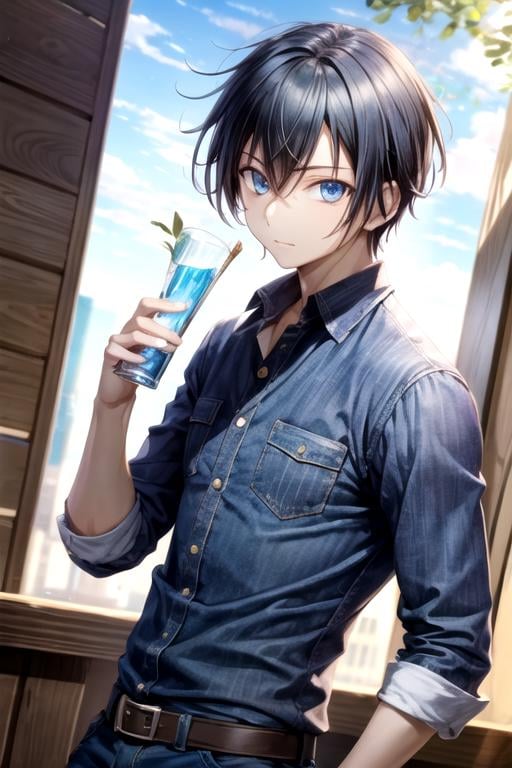 masterpiece, best quality, , 1boy, solo, male focus, looking at viewer, upper body, , , , <lora:kamito_kazehaya:0.70>, kamito_kazehaya, black hair, blue eyes, denim shirt, , soft science fiction, 12k resolution