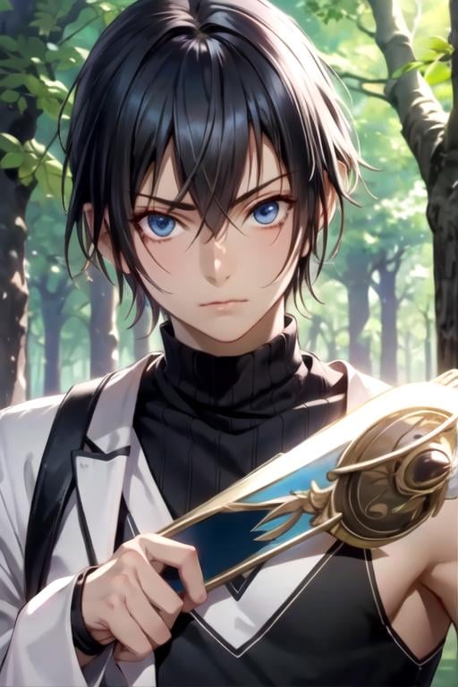 masterpiece, best quality, wallpaper, 1boy, solo, male focus, looking at viewer, upper body, , anime coloring, realistic, <lora:kamito_kazehaya:0.70>, kamito_kazehaya, black hair, blue eyes, , The Forest of Mirrors: A place where reality is distorted and nothing is as it seems,