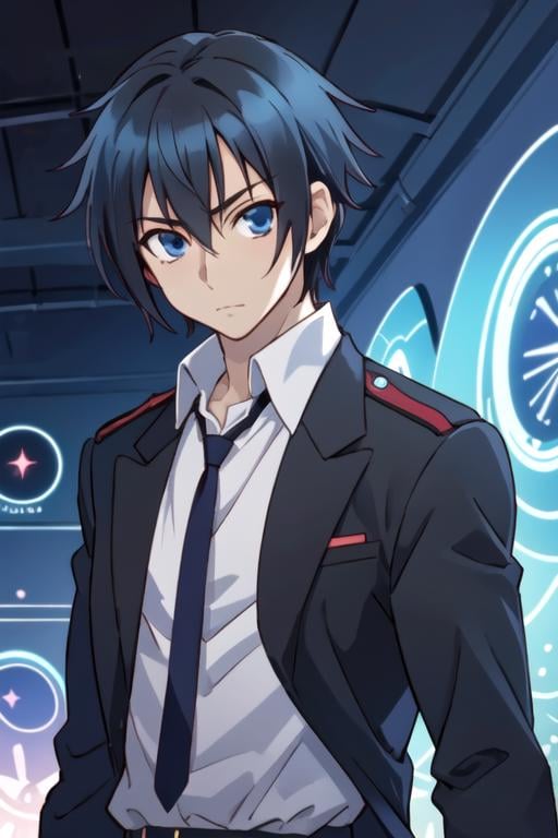 masterpiece, best quality, game cg, 1boy, solo, male focus, looking at viewer, upper body, depth of field, anime coloring, , <lora:kamito_kazehaya:0.68>, kamito_kazehaya, black hair, blue eyes, carnival costume, world war 1, Blu-ray