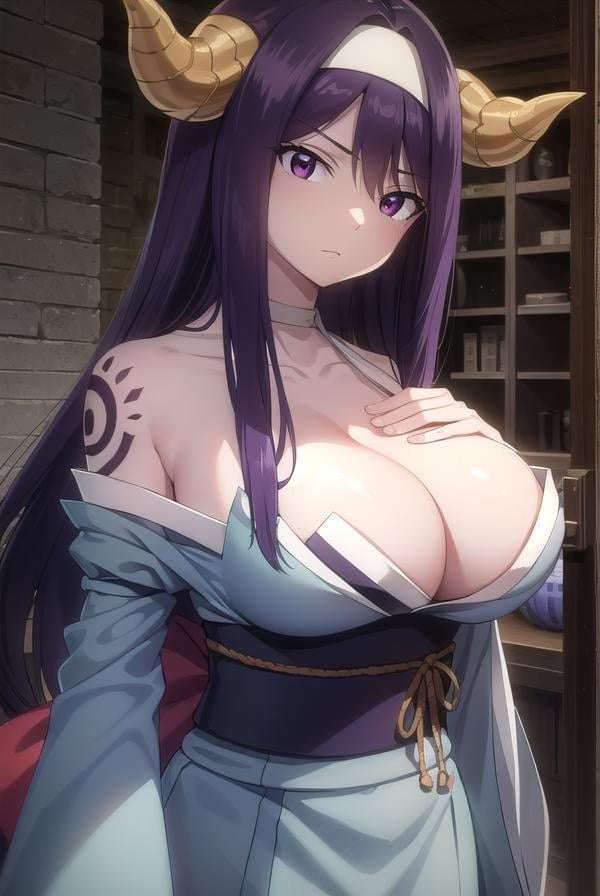 seilah, <lora:seilah-lora-nochekaiser:1>, seilah, long hair, horns, purple hair, facial mark, forehead mark, (purple eyes:1.1), headband,BREAK cleavage, japanese clothes, horns, choker, wide sleeves, kimono, sash, tattoos,BREAK cowboy shot, looking at viewer, BREAK outdoors,BREAK <lyco:GoodHands-beta2:1>, (masterpiece:1.2), best quality, high resolution, unity 8k wallpaper, (illustration:0.8), (beautiful detailed eyes:1.6), extremely detailed face, perfect lighting, extremely detailed CG, (perfect hands, perfect anatomy),