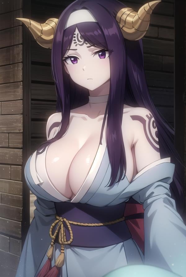 seilah, <lora:seilah-lora-nochekaiser:1>, seilah, long hair, horns, purple hair, facial mark, forehead mark, (purple eyes:1.1), headband,BREAK cleavage, japanese clothes, horns, choker, wide sleeves, kimono, sash, tattoos,BREAK cowboy shot, looking at viewer, BREAK outdoors,BREAK <lyco:GoodHands-beta2:1>, (masterpiece:1.2), best quality, high resolution, unity 8k wallpaper, (illustration:0.8), (beautiful detailed eyes:1.6), extremely detailed face, perfect lighting, extremely detailed CG, (perfect hands, perfect anatomy),