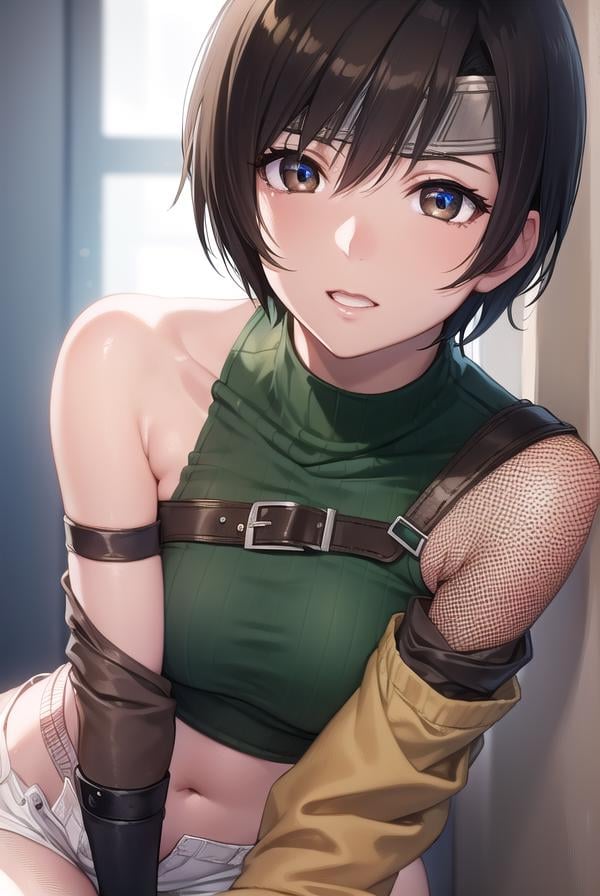 yuffiekisaragi, <lora:yuffiekisaragi-lora-nochekaiser:1>, yuffie kisaragi, (black hair:1.5), (brown eyes:1.7), short hair, pixie cut,BREAK crop top, fingerless gloves, fishnet thighhighs, fishnets, forehead protector, gloves, headband, navel, short shorts, shorts, single sleeve, single thighhigh, sleeveless, sleeveless turtleneck, thighhighs, turtleneck,BREAK cowboy shot, looking at viewer, BREAK indoors,BREAK <lyco:GoodHands-beta2:1>, (masterpiece:1.2), best quality, high resolution, unity 8k wallpaper, (illustration:0.8), (beautiful detailed eyes:1.6), extremely detailed face, perfect lighting, extremely detailed CG, (perfect hands, perfect anatomy),