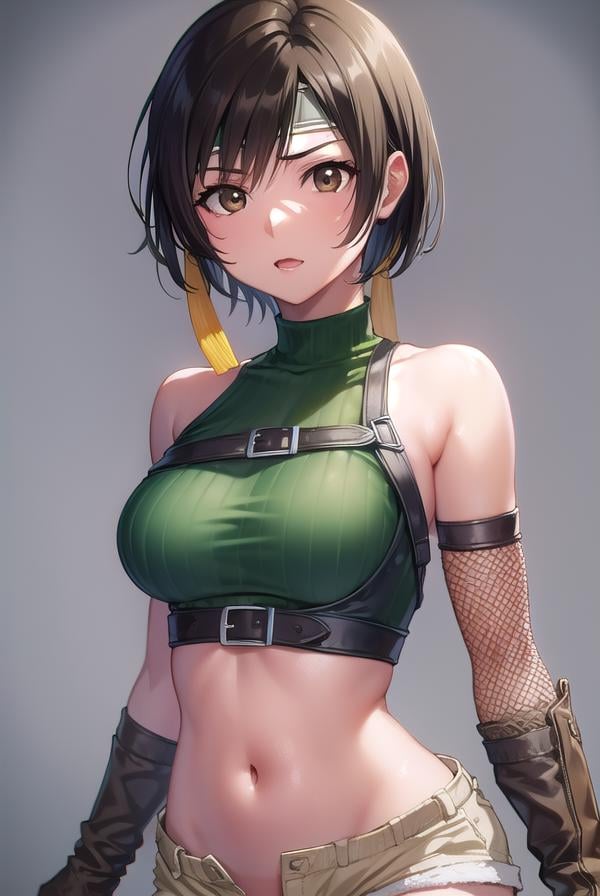 yuffiekisaragi, <lora:yuffiekisaragi-lora-nochekaiser:1>, yuffie kisaragi, (black hair:1.5), (brown eyes:1.7), short hair, pixie cut,BREAK crop top, fingerless gloves, fishnet thighhighs, fishnets, forehead protector, gloves, headband, navel, short shorts, shorts, single sleeve, single thighhigh, sleeveless, sleeveless turtleneck, thighhighs, turtleneck,BREAK cowboy shot, looking at viewer, BREAK indoors,BREAK <lyco:GoodHands-beta2:1>, (masterpiece:1.2), best quality, high resolution, unity 8k wallpaper, (illustration:0.8), (beautiful detailed eyes:1.6), extremely detailed face, perfect lighting, extremely detailed CG, (perfect hands, perfect anatomy),