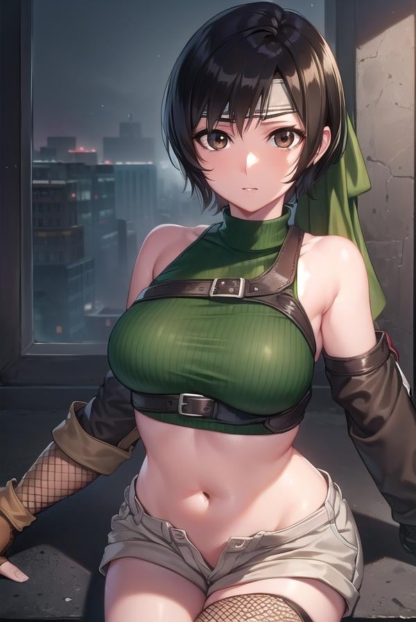 yuffiekisaragi, <lora:yuffiekisaragi-lora-nochekaiser:1>, yuffie kisaragi, (black hair:1.5), (brown eyes:1.7), short hair, pixie cut,BREAK crop top, fingerless gloves, fishnet thighhighs, fishnets, forehead protector, gloves, headband, navel, short shorts, shorts, single sleeve, single thighhigh, sleeveless, sleeveless turtleneck, thighhighs, turtleneck,BREAK cowboy shot, looking at viewer, BREAK indoors,BREAK <lyco:GoodHands-beta2:1>, (masterpiece:1.2), best quality, high resolution, unity 8k wallpaper, (illustration:0.8), (beautiful detailed eyes:1.6), extremely detailed face, perfect lighting, extremely detailed CG, (perfect hands, perfect anatomy),