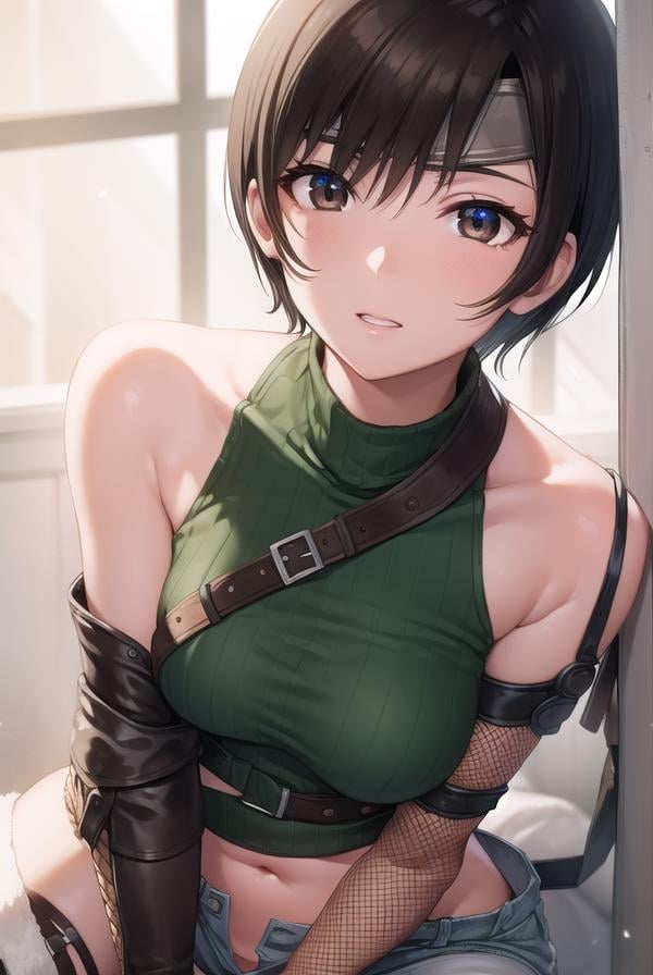 yuffiekisaragi, <lora:yuffiekisaragi-lora-nochekaiser:1>, yuffie kisaragi, (black hair:1.5), (brown eyes:1.7), short hair, pixie cut,BREAK crop top, fingerless gloves, fishnet thighhighs, fishnets, forehead protector, gloves, headband, navel, short shorts, shorts, single sleeve, single thighhigh, sleeveless, sleeveless turtleneck, thighhighs, turtleneck,BREAK cowboy shot, looking at viewer, BREAK indoors,BREAK <lyco:GoodHands-beta2:1>, (masterpiece:1.2), best quality, high resolution, unity 8k wallpaper, (illustration:0.8), (beautiful detailed eyes:1.6), extremely detailed face, perfect lighting, extremely detailed CG, (perfect hands, perfect anatomy),