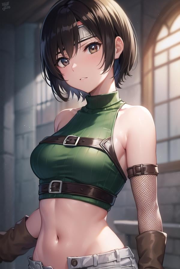 yuffiekisaragi, <lora:yuffiekisaragi-lora-nochekaiser:1>, yuffie kisaragi, (black hair:1.5), (brown eyes:1.7), short hair, pixie cut,BREAK crop top, fingerless gloves, fishnet thighhighs, fishnets, forehead protector, gloves, headband, navel, short shorts, shorts, single sleeve, single thighhigh, sleeveless, sleeveless turtleneck, thighhighs, turtleneck,BREAK cowboy shot, looking at viewer, BREAK indoors,BREAK <lyco:GoodHands-beta2:1>, (masterpiece:1.2), best quality, high resolution, unity 8k wallpaper, (illustration:0.8), (beautiful detailed eyes:1.6), extremely detailed face, perfect lighting, extremely detailed CG, (perfect hands, perfect anatomy),