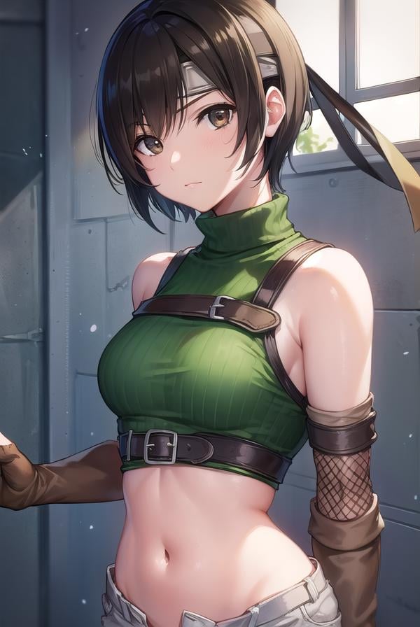 yuffiekisaragi, <lora:yuffiekisaragi-lora-nochekaiser:1>, yuffie kisaragi, (black hair:1.5), (brown eyes:1.7), short hair, pixie cut,BREAK crop top, fingerless gloves, fishnet thighhighs, fishnets, forehead protector, gloves, headband, navel, short shorts, shorts, single sleeve, single thighhigh, sleeveless, sleeveless turtleneck, thighhighs, turtleneck,BREAK cowboy shot, looking at viewer, BREAK indoors,BREAK <lyco:GoodHands-beta2:1>, (masterpiece:1.2), best quality, high resolution, unity 8k wallpaper, (illustration:0.8), (beautiful detailed eyes:1.6), extremely detailed face, perfect lighting, extremely detailed CG, (perfect hands, perfect anatomy),