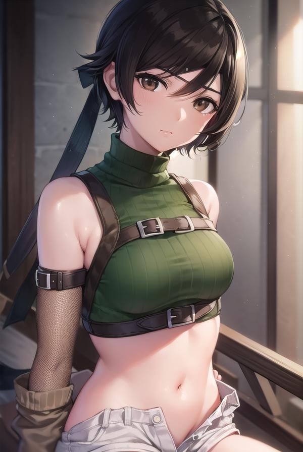 yuffiekisaragi, <lora:yuffiekisaragi-lora-nochekaiser:1>, yuffie kisaragi, (black hair:1.5), (brown eyes:1.7), short hair, pixie cut,BREAK crop top, fingerless gloves, fishnet thighhighs, fishnets, forehead protector, gloves, headband, navel, short shorts, shorts, single sleeve, single thighhigh, sleeveless, sleeveless turtleneck, thighhighs, turtleneck,BREAK cowboy shot, looking at viewer, BREAK indoors,BREAK <lyco:GoodHands-beta2:1>, (masterpiece:1.2), best quality, high resolution, unity 8k wallpaper, (illustration:0.8), (beautiful detailed eyes:1.6), extremely detailed face, perfect lighting, extremely detailed CG, (perfect hands, perfect anatomy),