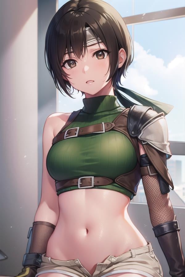 yuffiekisaragi, <lora:yuffiekisaragi-lora-nochekaiser:1>, yuffie kisaragi, (black hair:1.5), (brown eyes:1.7), short hair, pixie cut,BREAK crop top, fingerless gloves, fishnet thighhighs, fishnets, forehead protector, gloves, headband, navel, short shorts, shorts, single sleeve, single thighhigh, sleeveless, sleeveless turtleneck, thighhighs, turtleneck,BREAK cowboy shot, looking at viewer, BREAK indoors,BREAK <lyco:GoodHands-beta2:1>, (masterpiece:1.2), best quality, high resolution, unity 8k wallpaper, (illustration:0.8), (beautiful detailed eyes:1.6), extremely detailed face, perfect lighting, extremely detailed CG, (perfect hands, perfect anatomy),