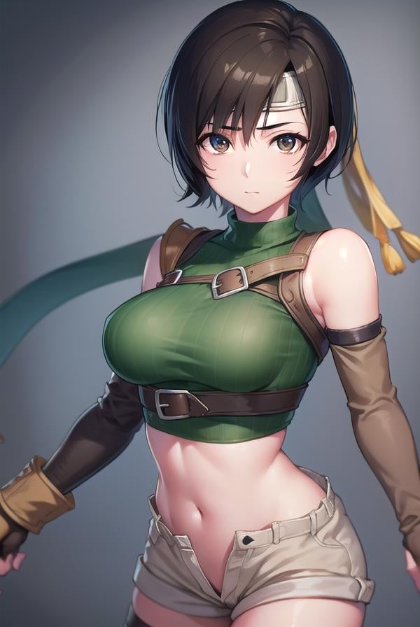 yuffiekisaragi, <lora:yuffiekisaragi-lora-nochekaiser:1>, yuffie kisaragi, (black hair:1.5), (brown eyes:1.7), short hair, pixie cut,BREAK crop top, fingerless gloves, fishnet thighhighs, fishnets, forehead protector, gloves, headband, navel, short shorts, shorts, single sleeve, single thighhigh, sleeveless, sleeveless turtleneck, thighhighs, turtleneck,BREAK cowboy shot, looking at viewer, BREAK indoors,BREAK <lyco:GoodHands-beta2:1>, (masterpiece:1.2), best quality, high resolution, unity 8k wallpaper, (illustration:0.8), (beautiful detailed eyes:1.6), extremely detailed face, perfect lighting, extremely detailed CG, (perfect hands, perfect anatomy),