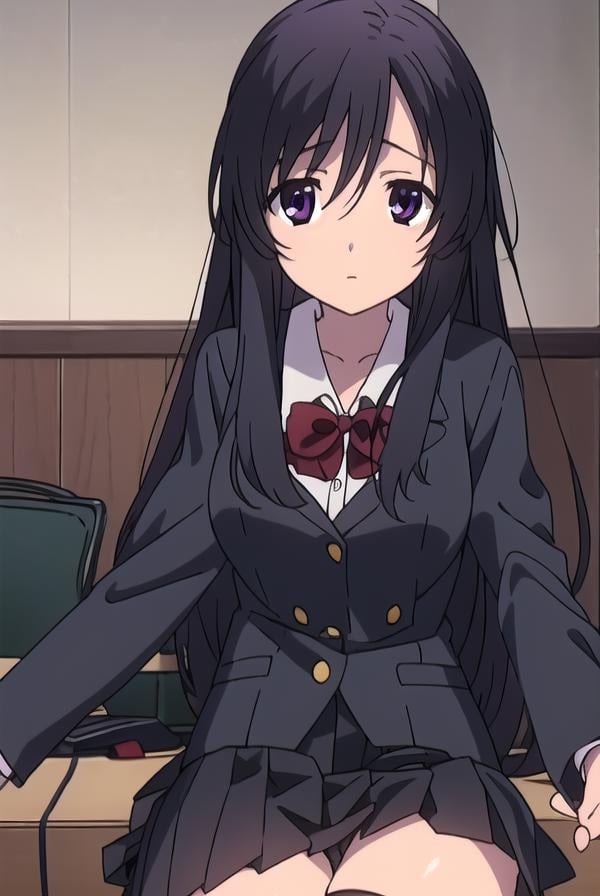 kotonohakatsura, <lyco:kotonohaAL-Lycoristest:1>,kotonoha katsura, (black eyes:1.4), black hair, long hair,BREAK black thighhighs, bow, red bow, school uniform, skirt, thighhighs, zettai ryouiki,BREAK looking at viewer,BREAK indoors, classroom,BREAK <lora:GoodHands-vanilla:1>, (masterpiece:1.2), best quality, high resolution, unity 8k wallpaper, (illustration:0.8), (beautiful detailed eyes:1.6), extremely detailed face, perfect lighting, extremely detailed CG, (perfect hands, perfect anatomy),